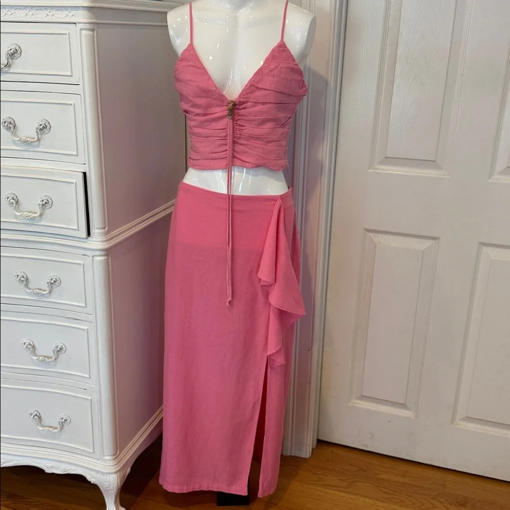 Pink Ruched Crop Top and Skirt Set
